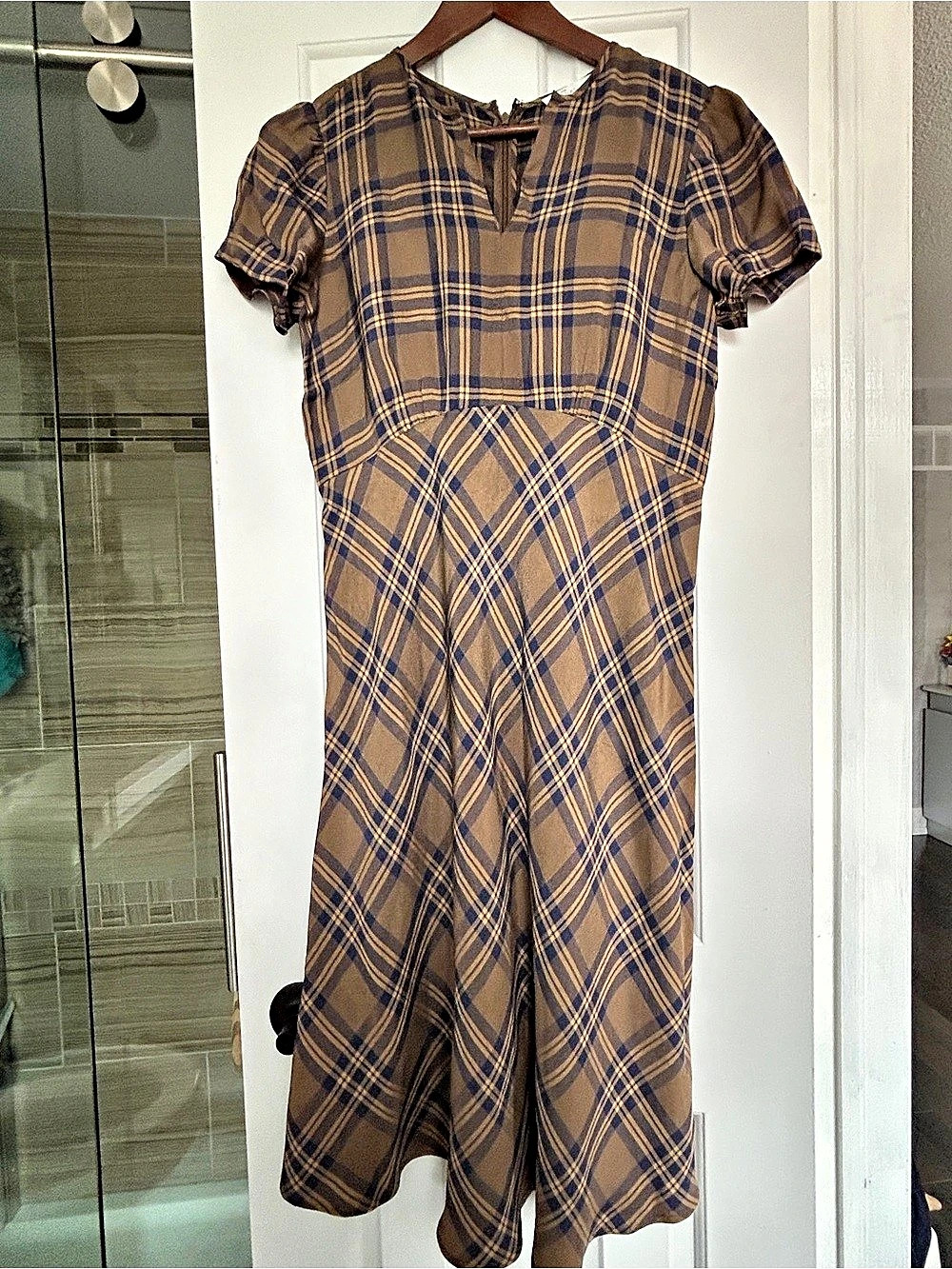 Plaid Midi Dress in Brown & Blue Like New